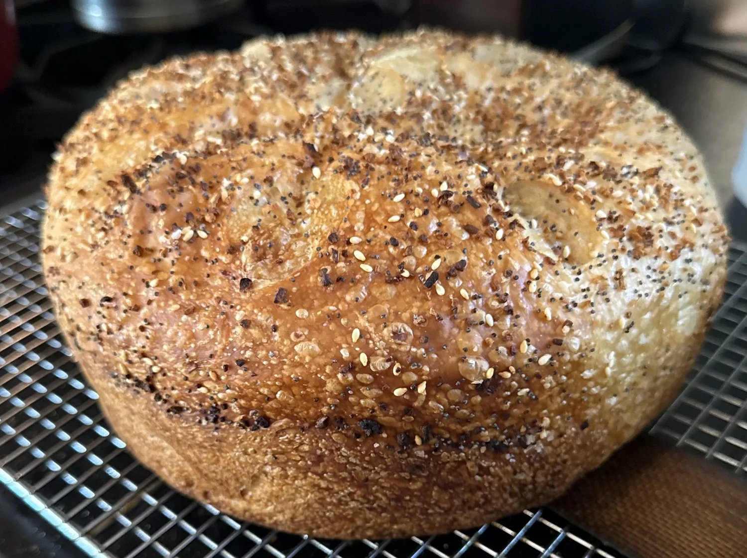 Everything bagel loaf on a cooling rack